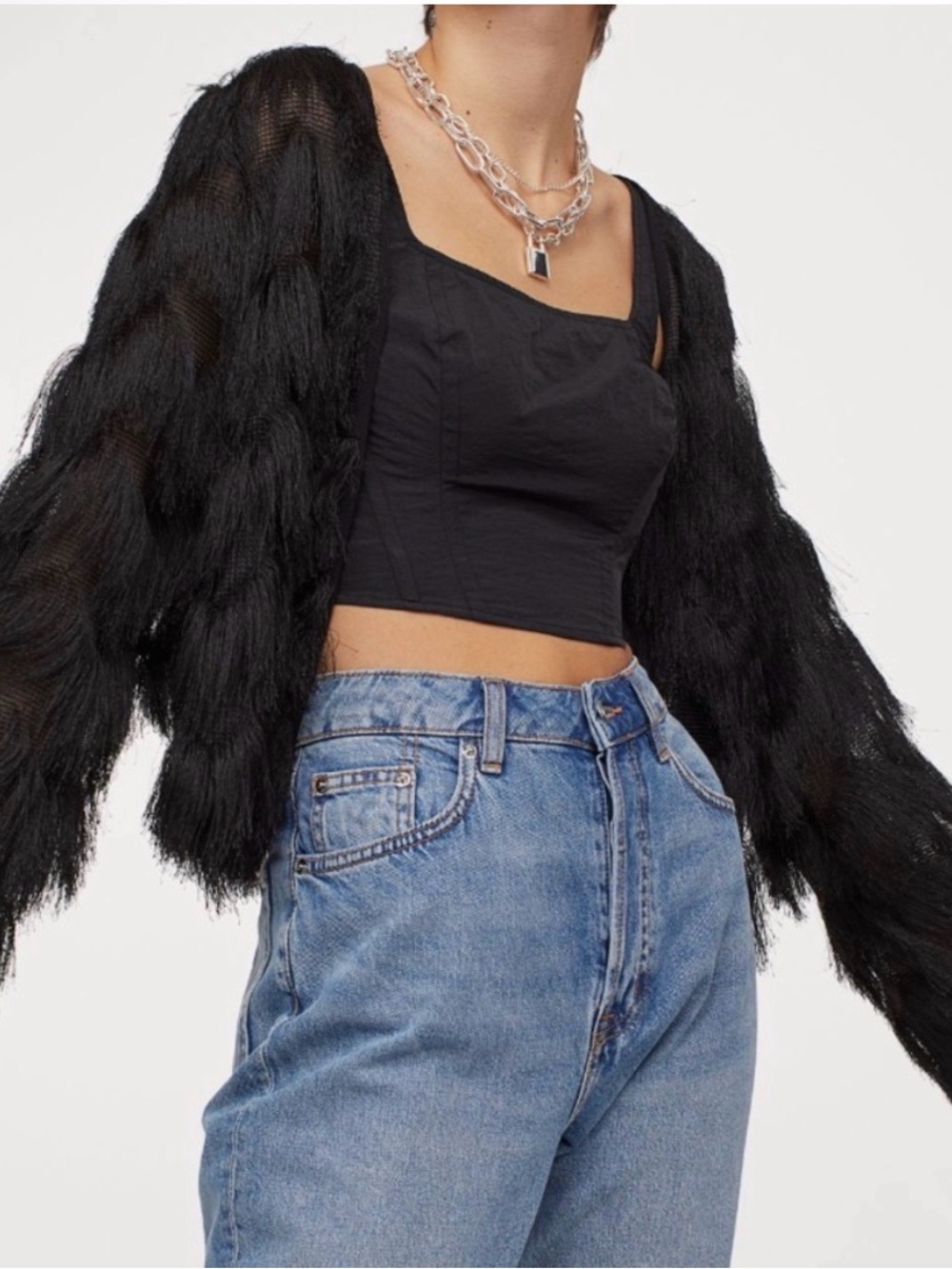 Zara Black Zig Zag Fringe Open Jacket